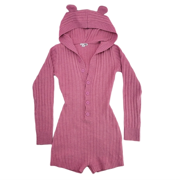 Fashion Nova Pink Ribbed Button Up Hooded Shorts Romper with Ears XS - Picture 4 of 5